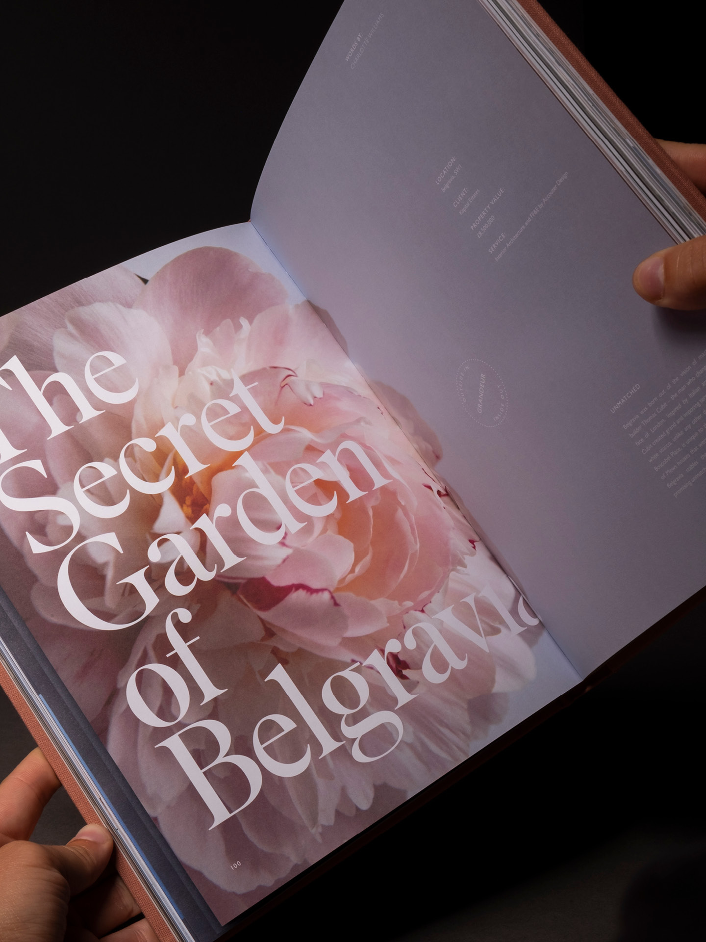Printed spread from the Accouter Four annual showcasing the secret garden of Belgravia project