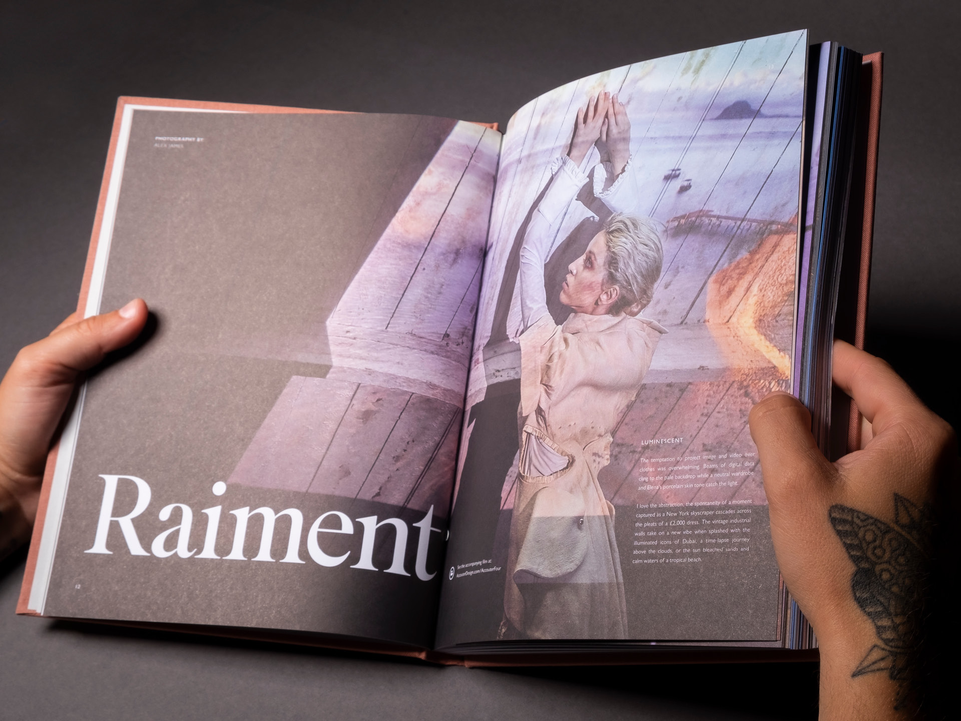 Printed spread from the Accouter Four annual featuring the title spread of the raiment photo shoot with Alex James