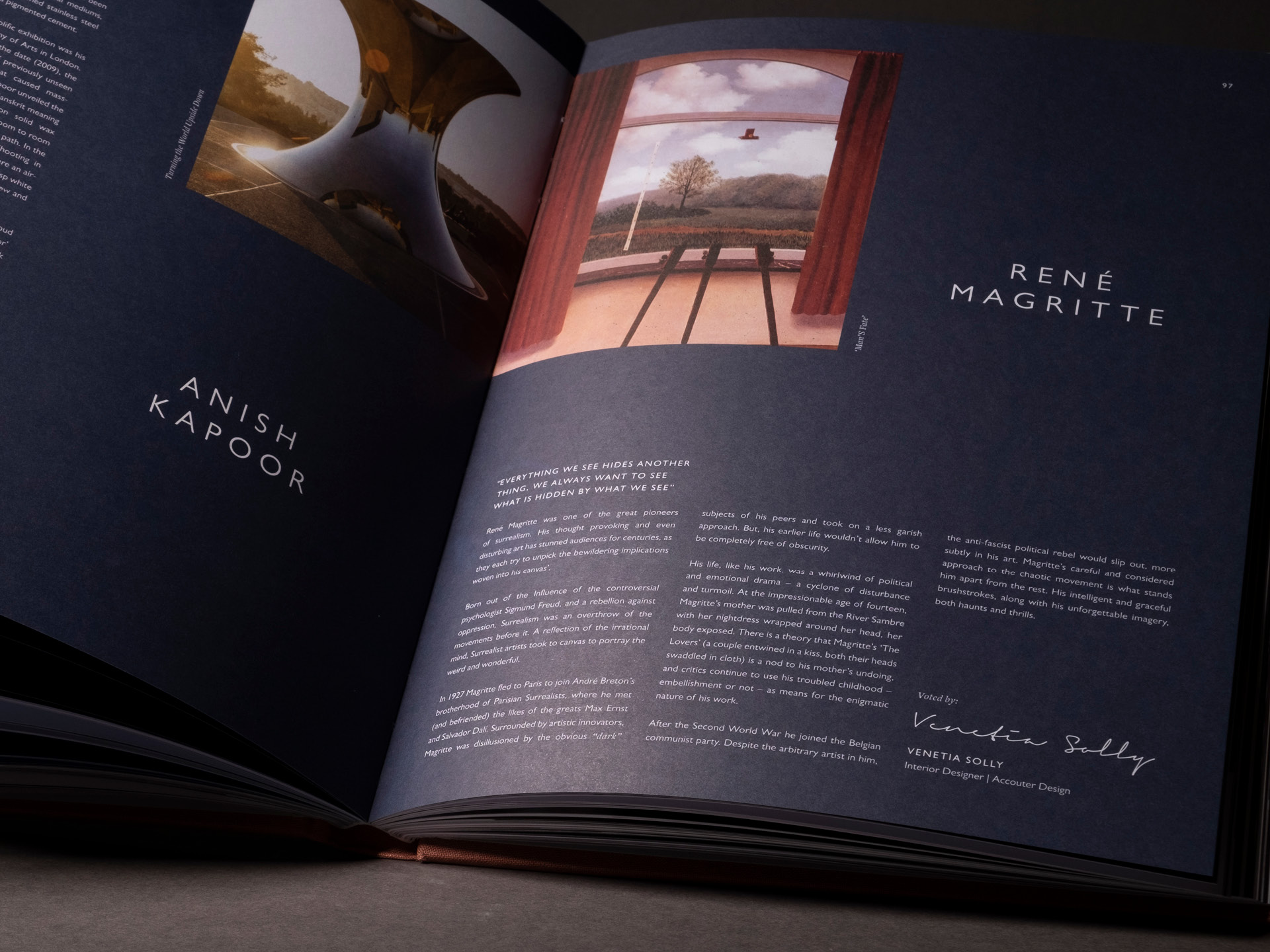 Printed spread from the Accouter Four annual featuring artists Anish Kapoor and René Magritte