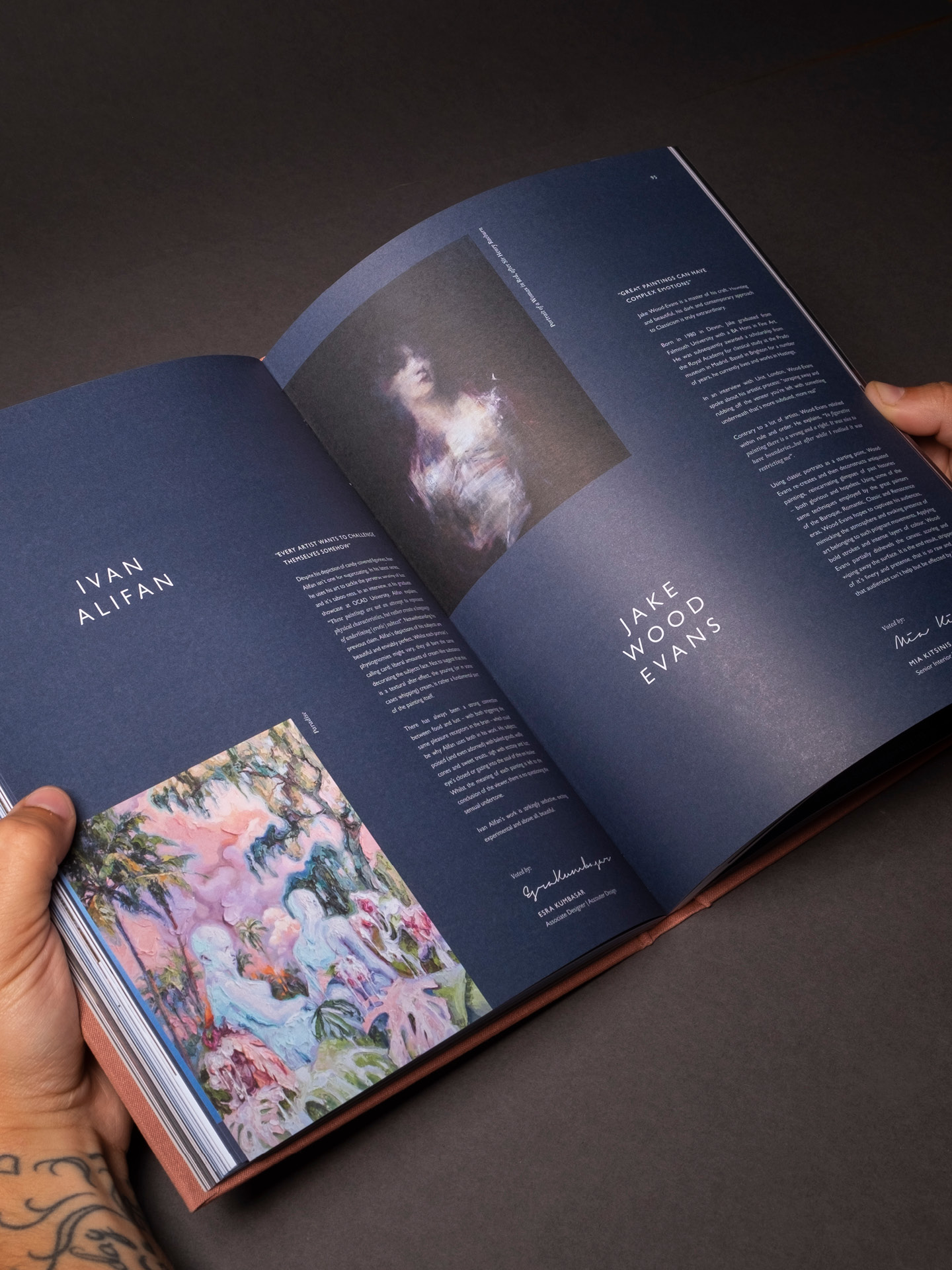 Printed spread from the Accouter Four annual featuring artists Ivan Alifan and Jake Wood Evans