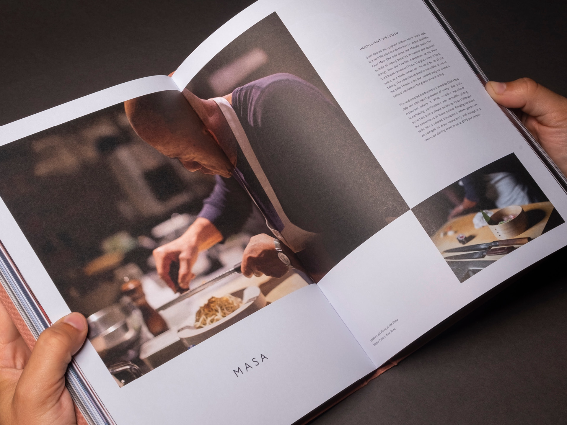 Printed spread from the Accouter Four annual featuring Masa from his restaurant in New York