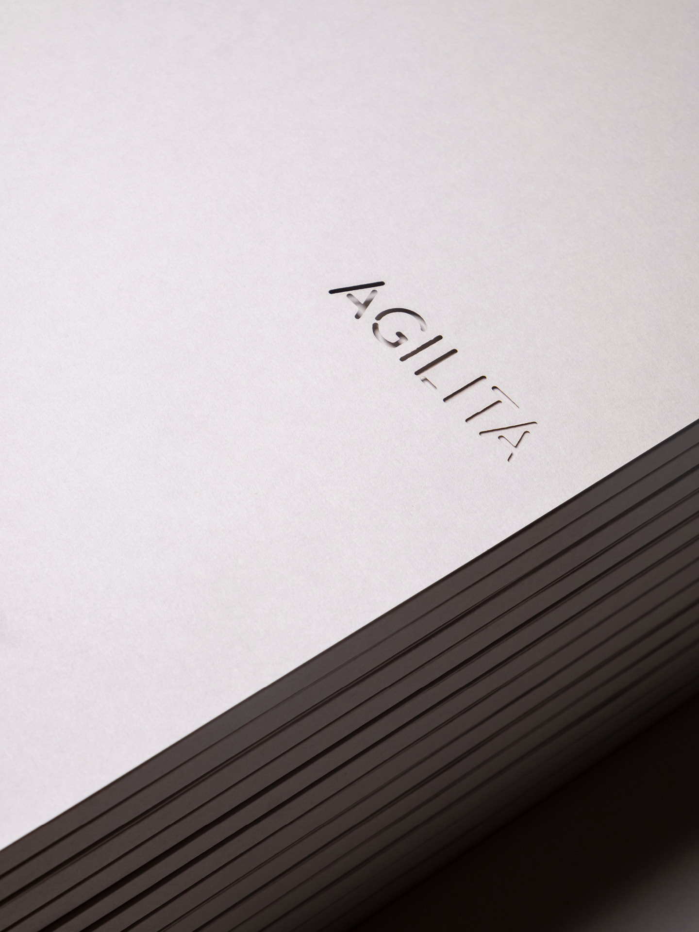 A detailed photo of the Agilita logotype die cut with shadow