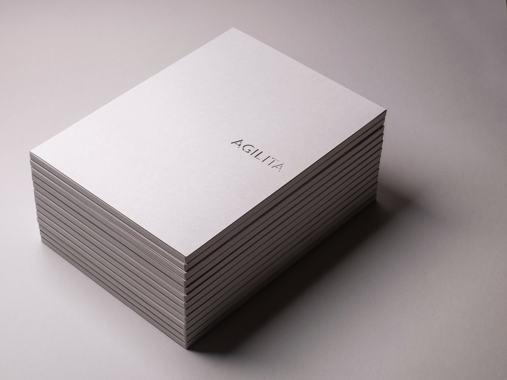 Several folders made using GF Smith Colorplan pale grey with the Agilita logotype die cut from the cover
