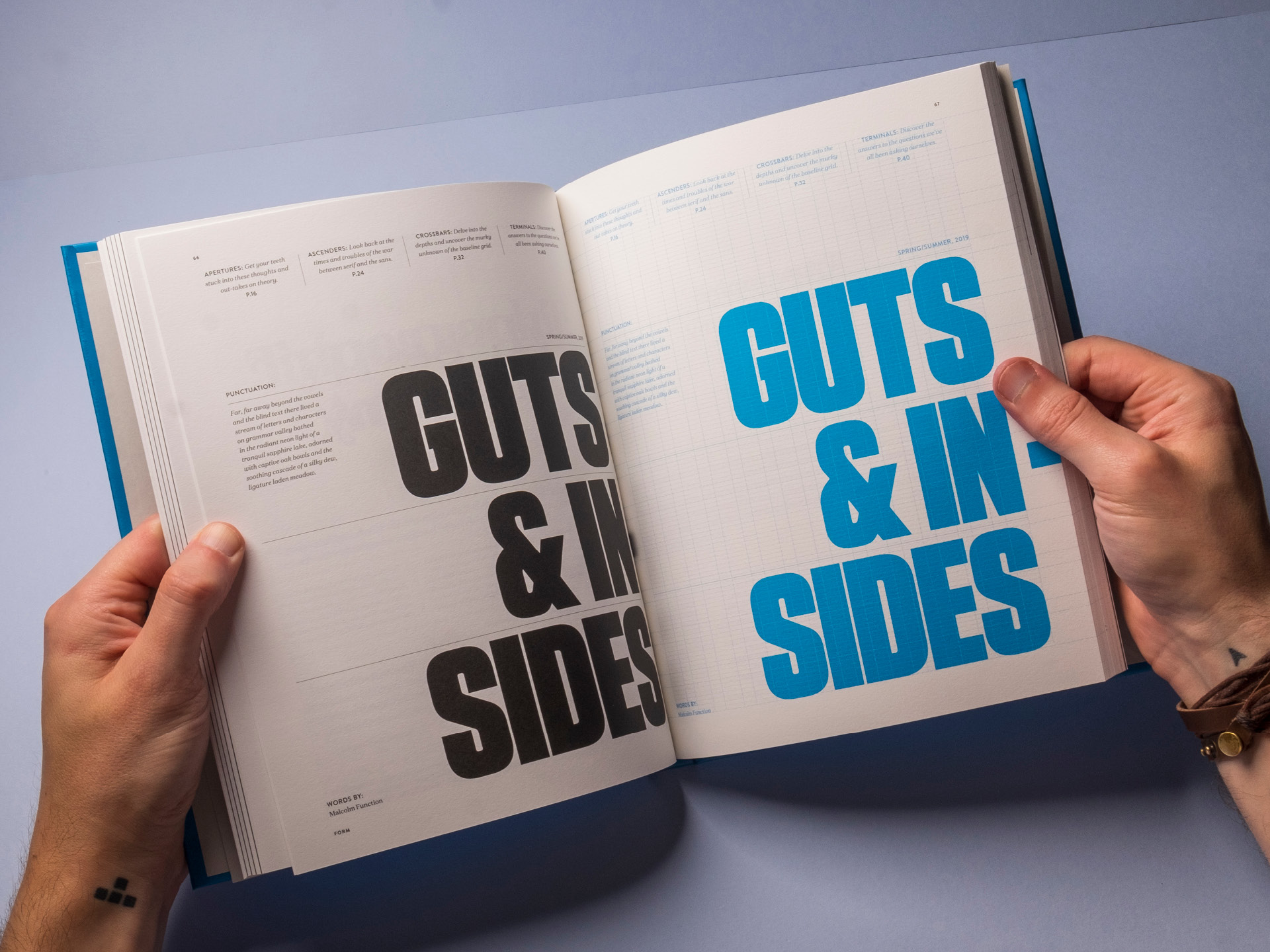A large opening title page from the Be Specific book showing the grid on one side and the final design on the other in plain black
