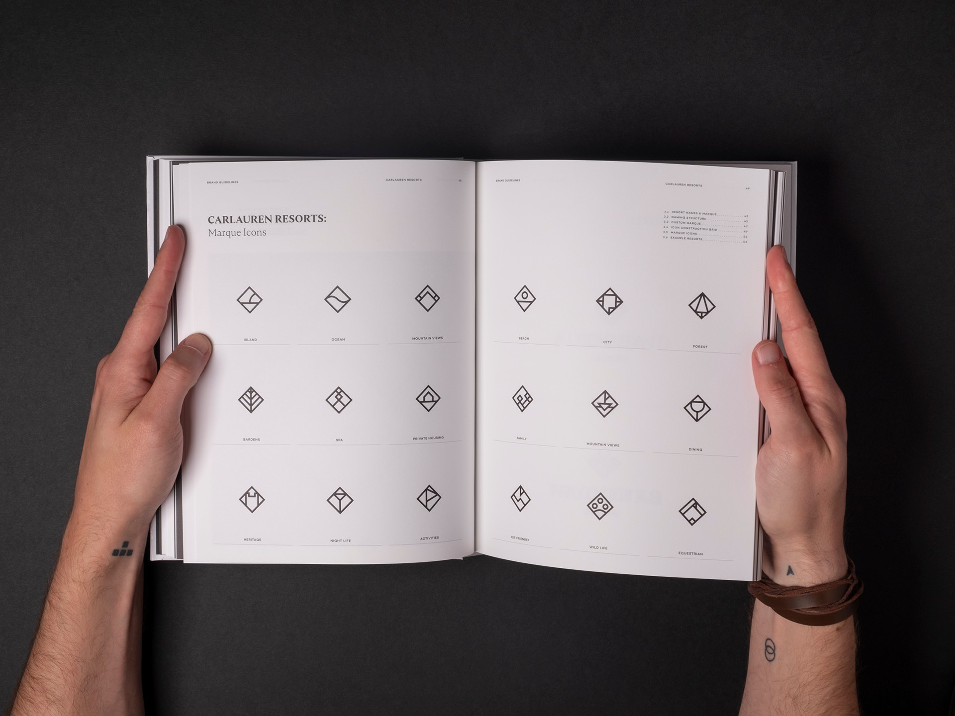 A printed spread from the Carlauren guidelines featuring the various iconography used in the brand marque