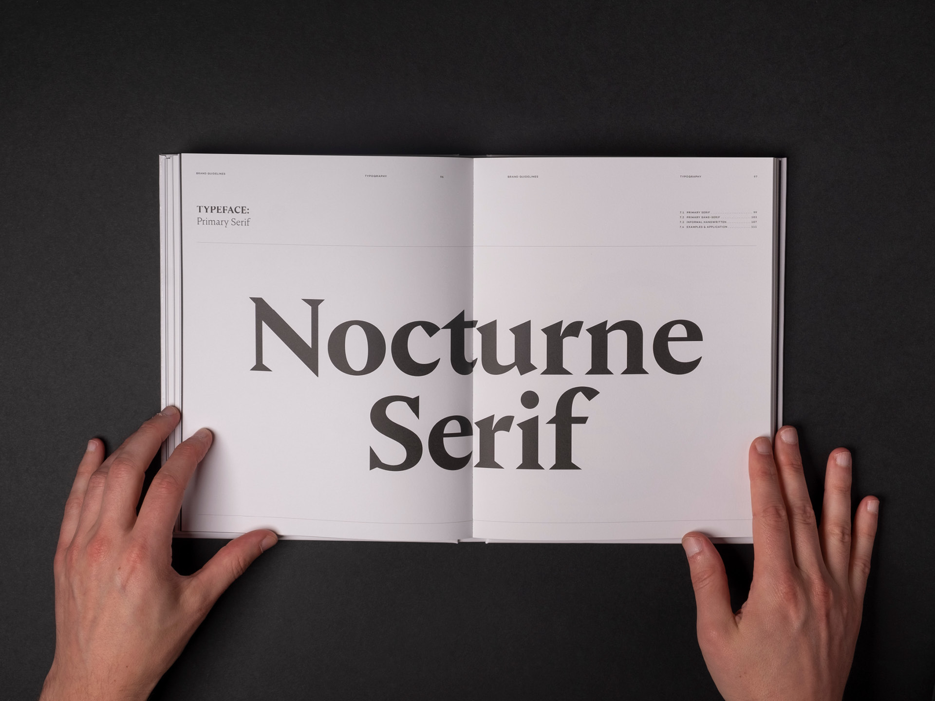 A spread showcasing the primary typeface Nocturne Serif
