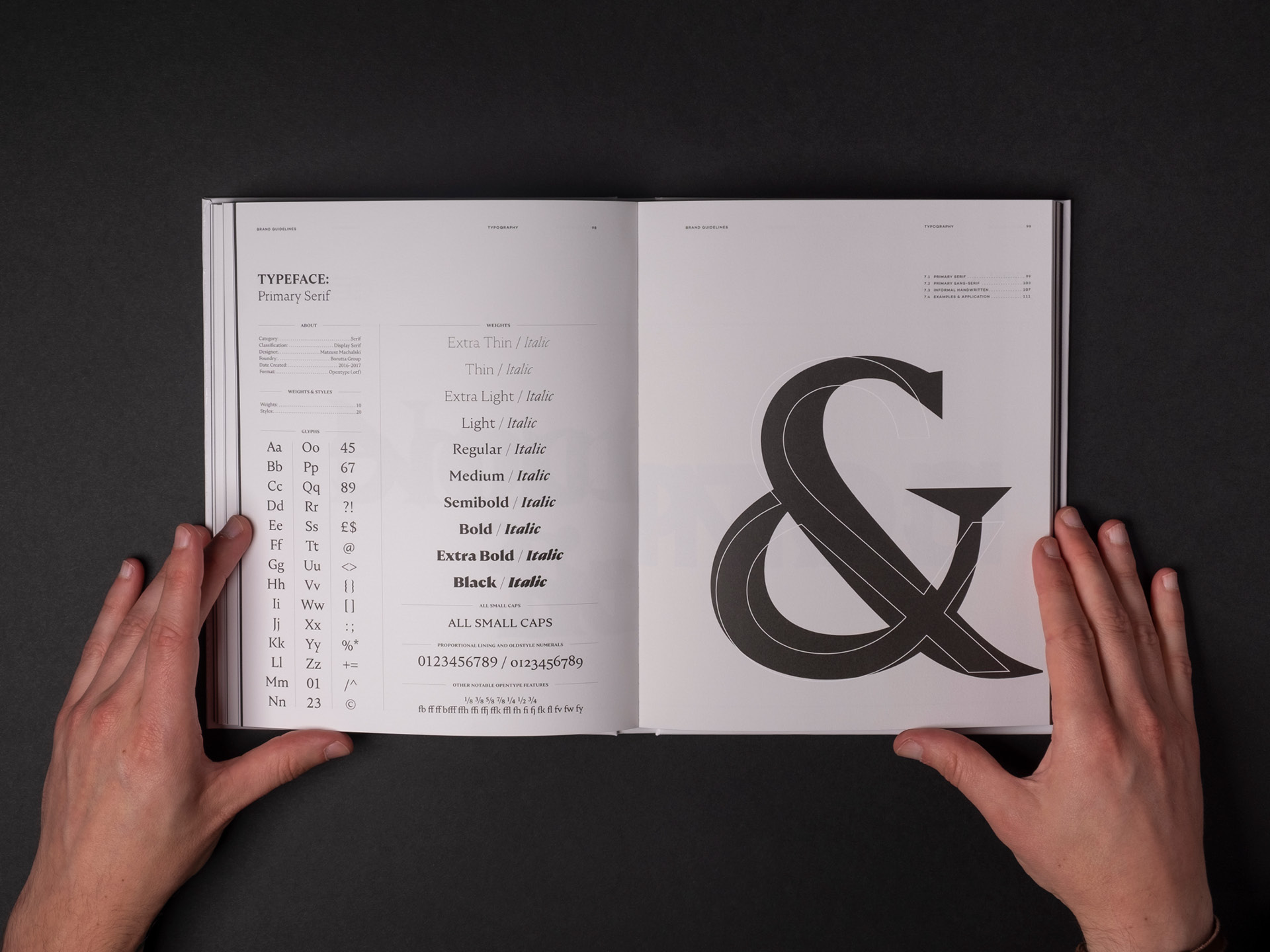 A spread showcasing the various components of the serif typeface Nocturne serif