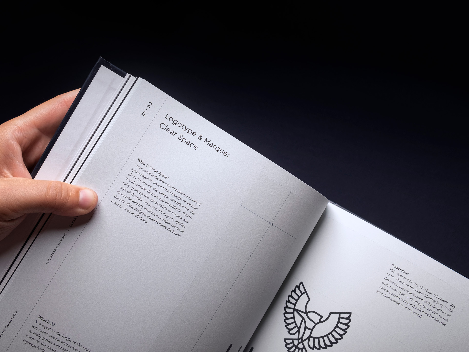 A printed spread from the Halcyon Doctors brand guidelines showcasing the application of the logotype and brand marque
