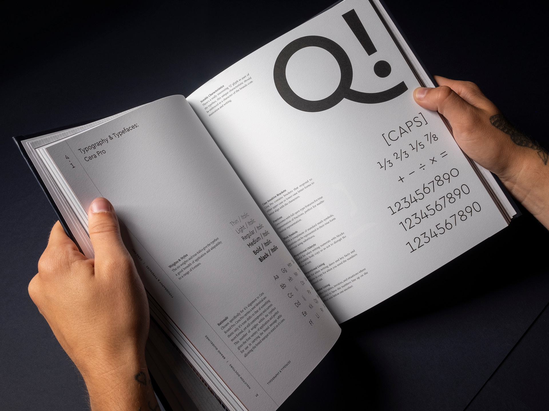 A printed spread from the Halcyon Doctors brand guidelines featuring the type Cera Pro used in the brand