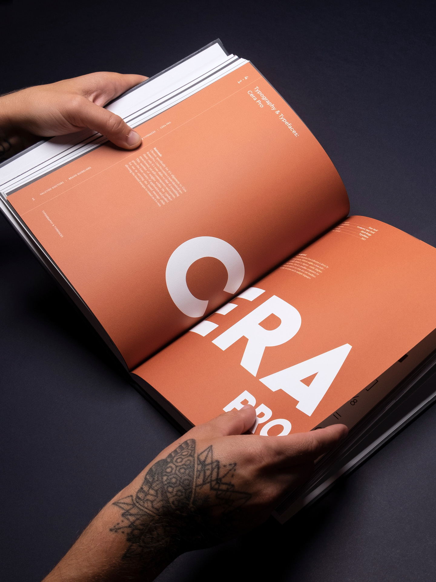A printed spread from the Halcyon Doctors brand guidelines showcasing the Cera Pro typeface